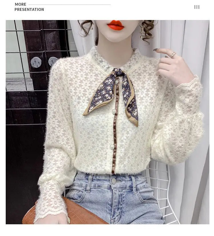 Chemise en velours pour femmes, automne hiver, écharpe à manches longues, collier, chemise en dentelle imprimée, haut à manches bouffantes intérieures en maille à la mode