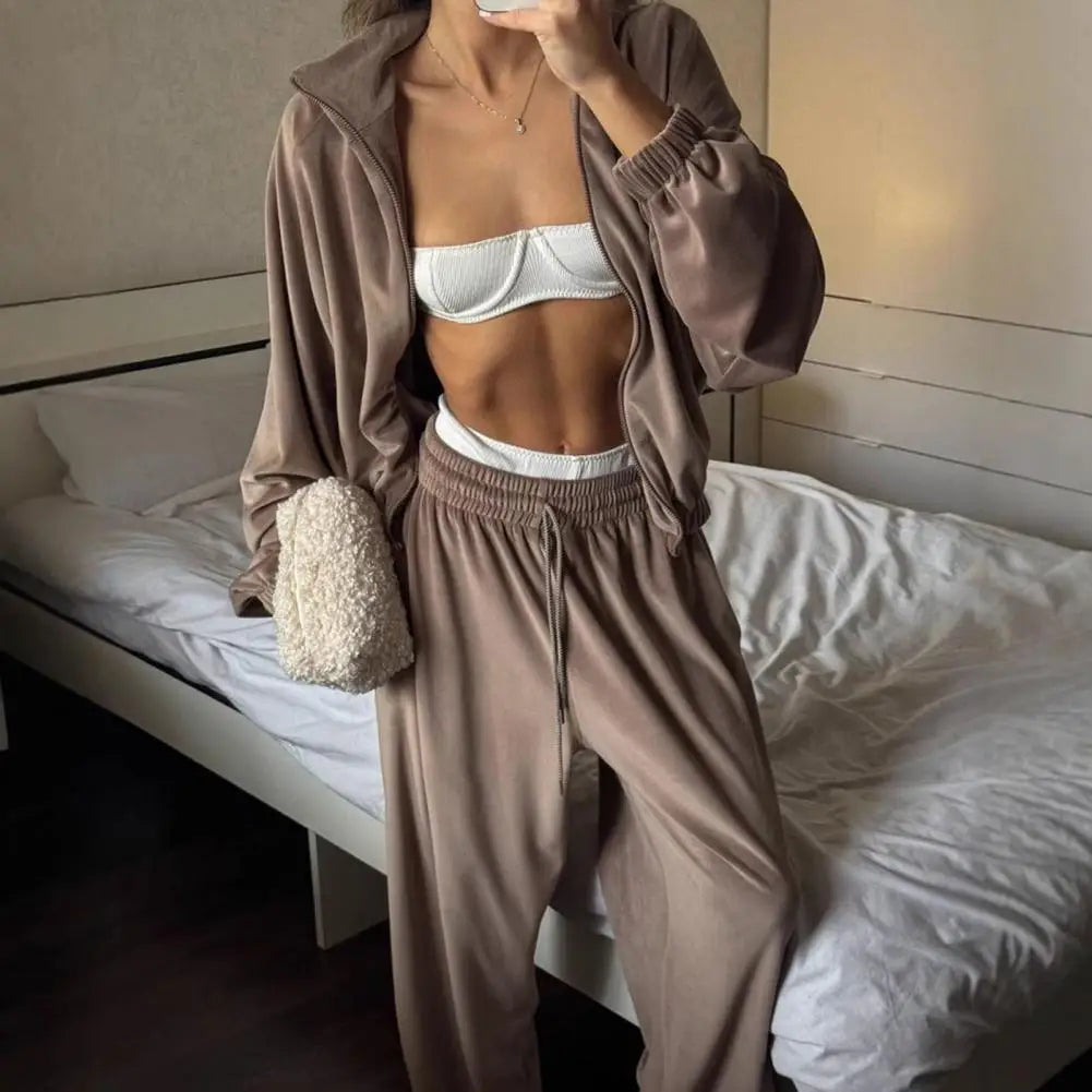 Ensemble de survêtement en velours pour femme, deux pièces, veste courte zippée et pantalon long, tenue décontractée pour femme ﻿