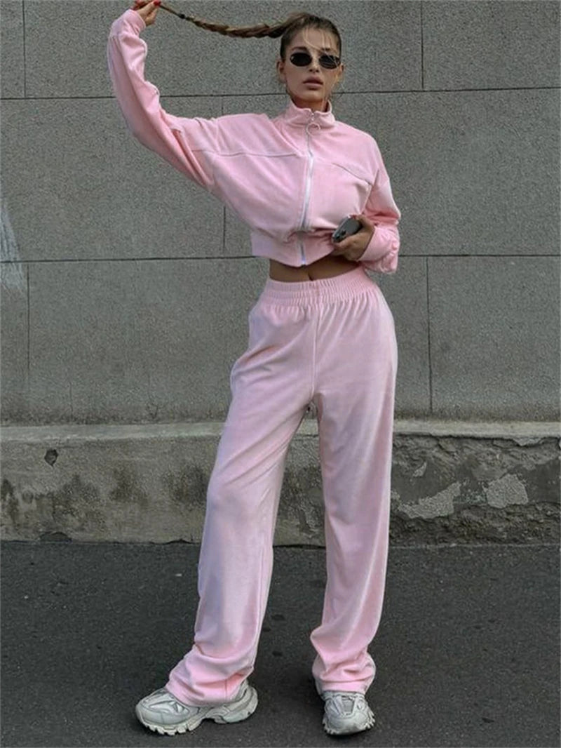 Ensemble 2 pièces en velours pour femme, vêtements d'automne 2026, sweat-shirt zippé et pantalon long, ensemble décontracté, survêtement en velours pour femme.