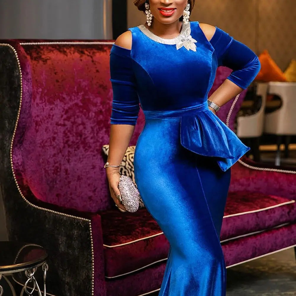 Robe d'été personnalisée en velours pour femmes, style sirène, mode Ankara, rouge, Vetement Femme, noire, Sexy, longueur au sol, 2023